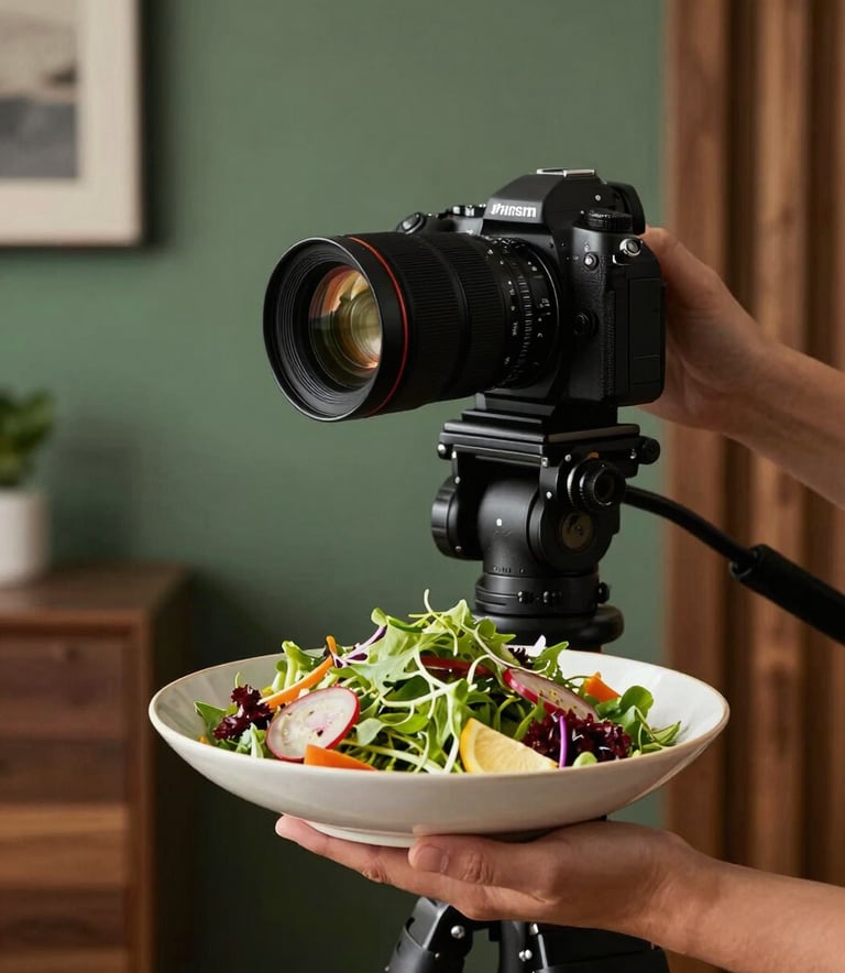 A professional food photographer in a bright North American / US studio, using a high-end camera on a tripod to capture a close-up of a fresh artisanal salad. The background features subtle Matte Forest Green walls and sophisticated Dark Earth wooden accents.