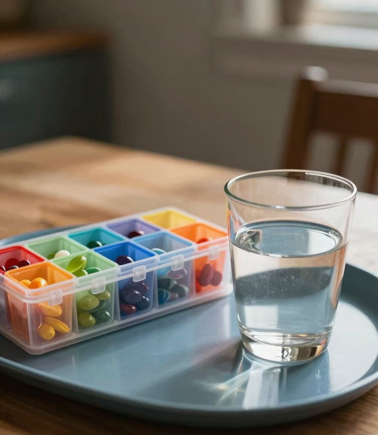 A close-up photograph of a morning routine in a North American / US home, showing a colorful vitamin organizer and a glass of water on a steel blue tray with soft morning sunlight.