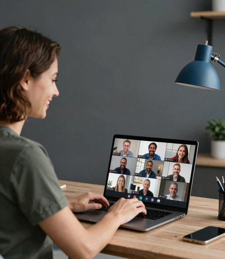 A person in a modern North American / US home office, smiling while participating in a virtual group session on a laptop. The background is soft and features a muted charcoal wall and minimalist steel blue decor.