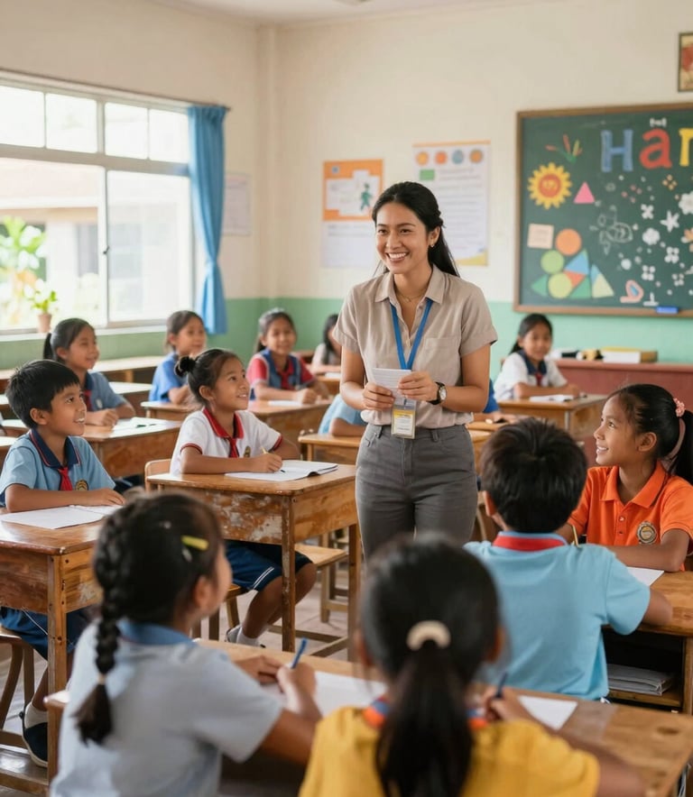 A wide-angle landscape photograph of a foreign teacher interacting with smiling children in a colorful Southeast Asian / Thai primary school classroom. The scene is bright and airy, capturing a moment of genuine cultural exchange and education.
