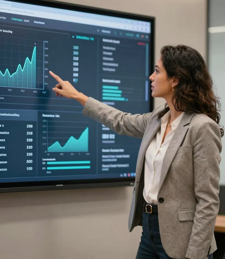 A professional Brazilian consultant in a smart-casual blazer, pointing at a large digital screen with abstract data visualizations during a boardroom meeting.