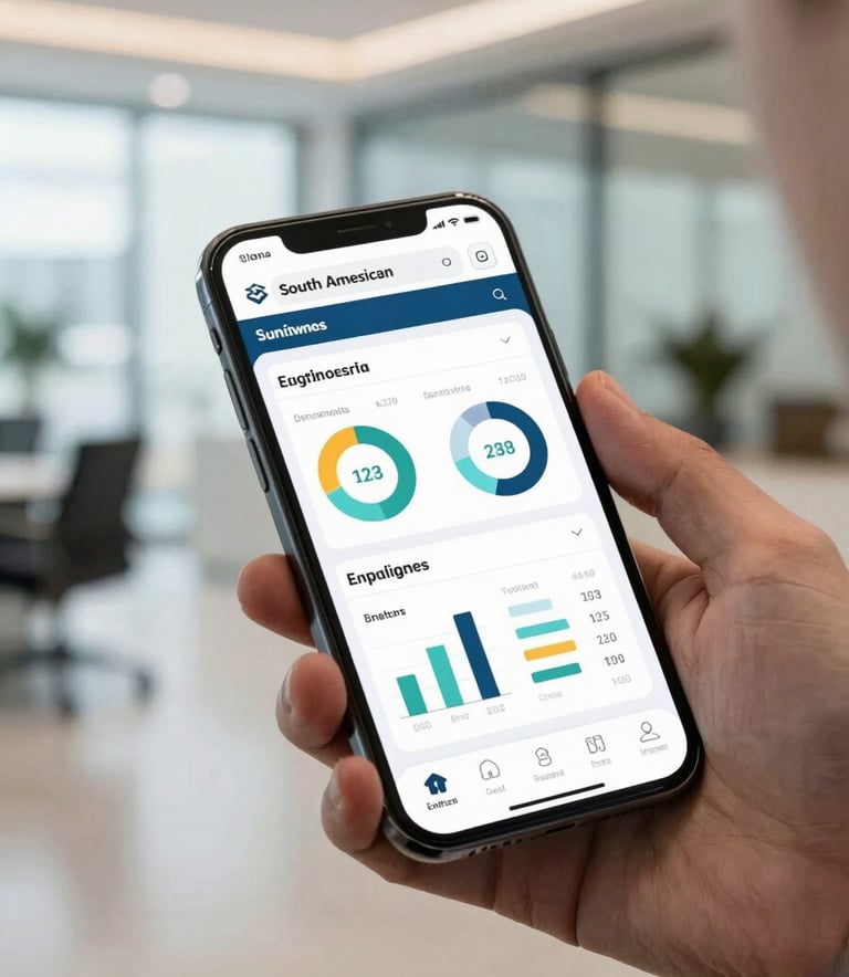 A close-up of a modern smartphone displaying a sleek business analytics dashboard, held by a person in professional attire in a bright, contemporary South American corporate lobby.