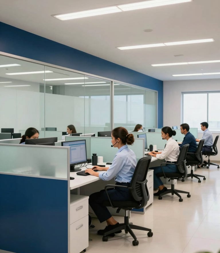 A wide-angle professional photograph of a modern tele-attendant workstation in a bright South American / Brazilian corporate building. The scene features clean lines, glass partitions, and a palette of prussian blue and honeydew. Attendants are working focused in the background, conveying a reliable atmosphere.