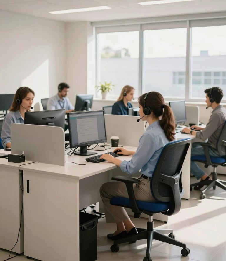 A wide shot of a modern, organized Brazilian tele-answering center. The workspace is bright and airy with ergonomic furniture in off-white and navy blue accents. Professional atmosphere with soft sunlight through large windows.