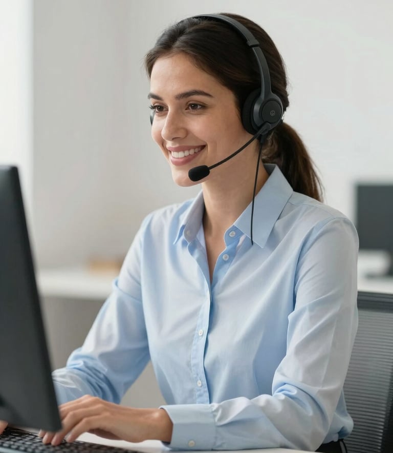 A professional South American / Brazilian woman in a business casual shirt smiling warmly while working at a clean, modern desk. She is wearing a professional wireless headset. Soft lighting, high-end corporate photography style with light blue and off-white tones.