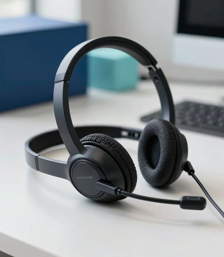 A close-up photograph of a professional high-quality communication headset resting on a clean white desk in a South American / Brazilian office. In the background, there is a soft-focus view of a modern workstation with accents of prussian blue and celadon blue, lit by natural window light.