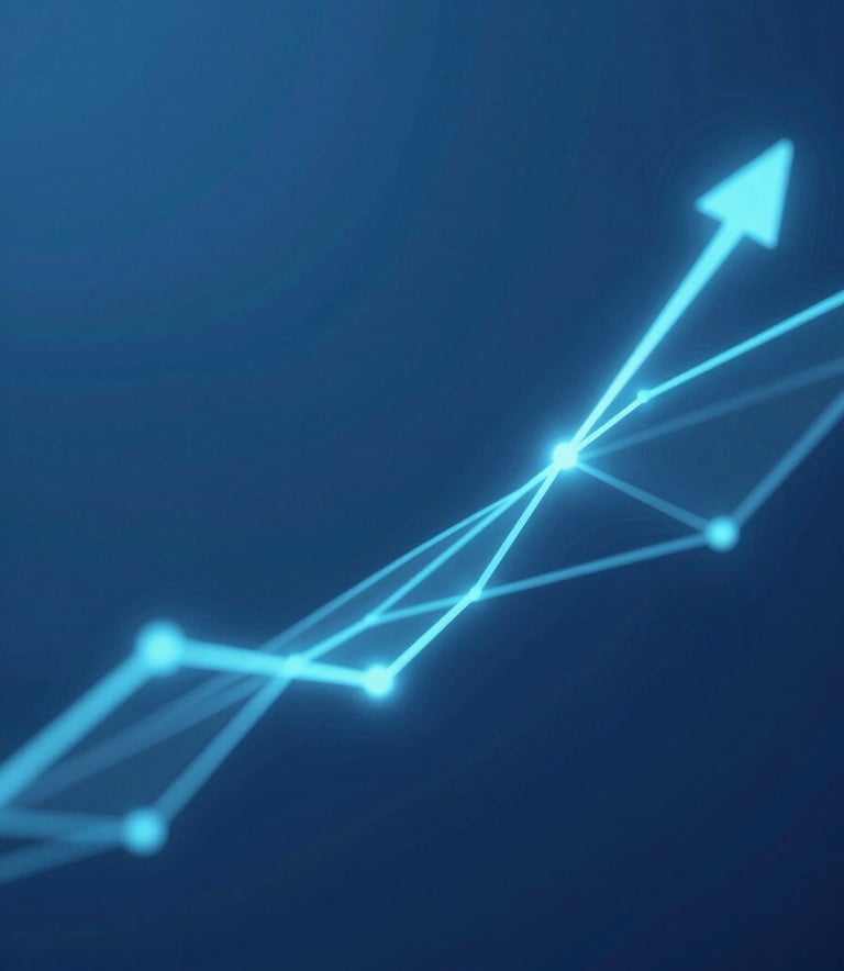 A high-quality, abstract visualization of digital connectivity and growth, featuring glowing lines in #66B2FF against a professional #002F60 background. Minimalist and modern style.