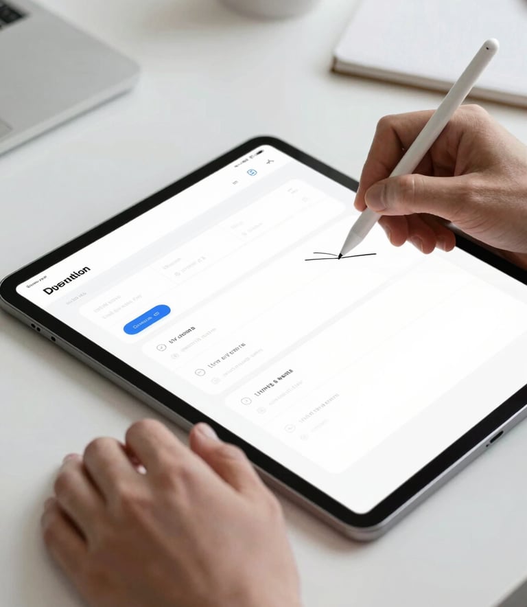 Close-up of a designer's hands using a tablet and stylus to sketch a user interface. Minimalist white desk, professional lighting, reflecting brand mood of honesty and precision.