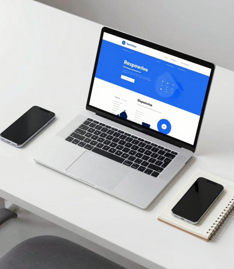 A top-down, minimalist shot of a clean white desk featuring a laptop displaying a modern, responsive website layout in blue and white, a smartphone, and a notepad. The composition is spacious and professional, reflecting technical clarity.