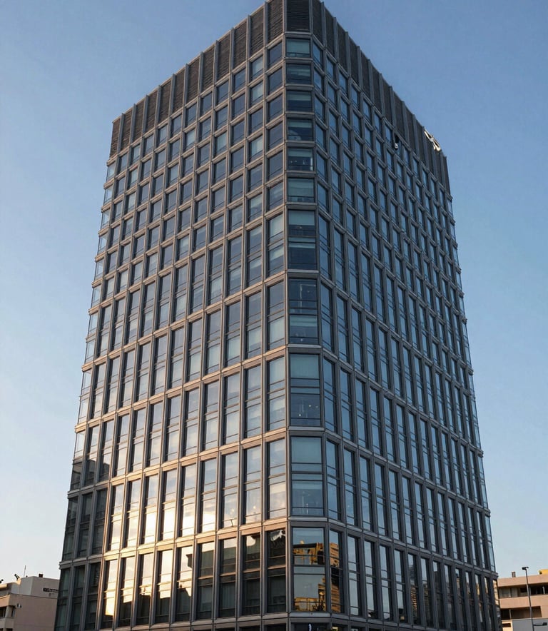 Modern office building exterior in a Mediterranean city, professional architecture, clear blue sky, soft morning sunlight, conveying a sense of corporate stability and trustworthiness.