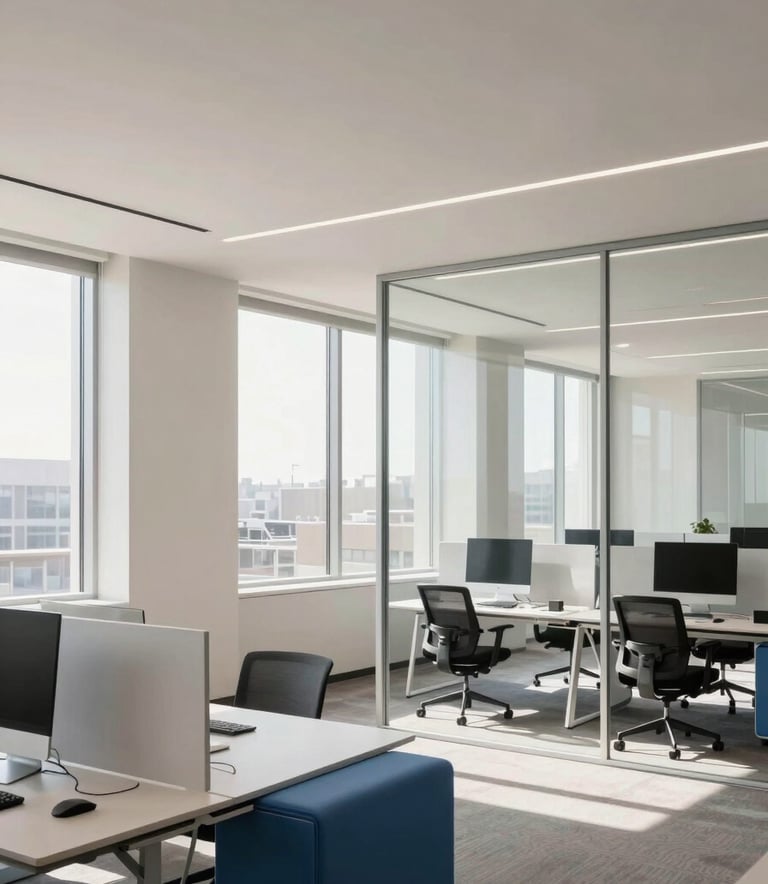 Modern, minimalist photography of a bright North American technology hub interior. Open-concept workspace with soft off-white walls and steel blue furniture. Large windows let in natural sunlight, reflecting off clean glass partitions.