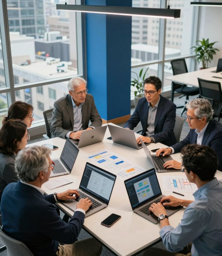 Professional high-angle shot of a collaborative software architecture session in a sleek North American office. Senior consultants are gathered around a table with high-end laptops, discussing strategy. The room features large windows with city views, steel blue accents, and modern lighting.