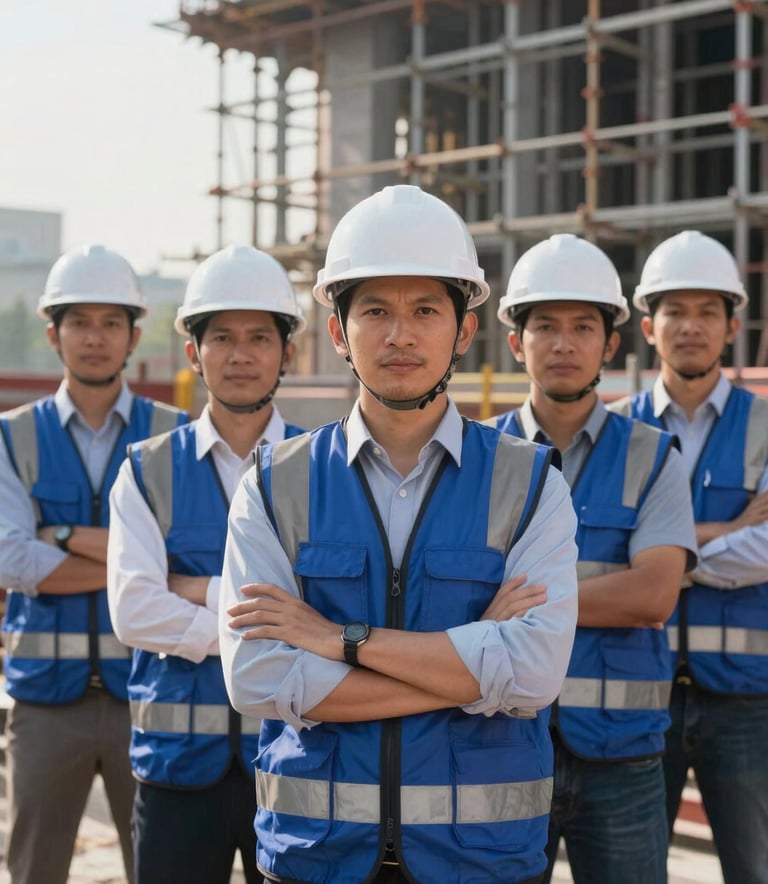 A group portrait of Southeast Asian professional engineers in white hard hats and blue reflective vests standing confidently on a construction site with steel scaffolding in the background, bright morning light, professional photography style.