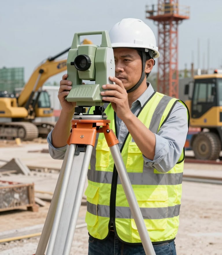 A professional Southeast Asian male surveyor in a high-visibility vest and white hard hat using a digital theodolite on a tripod at a large infrastructure construction site. Clear daylight, technical precision, modern construction equipment in the background.