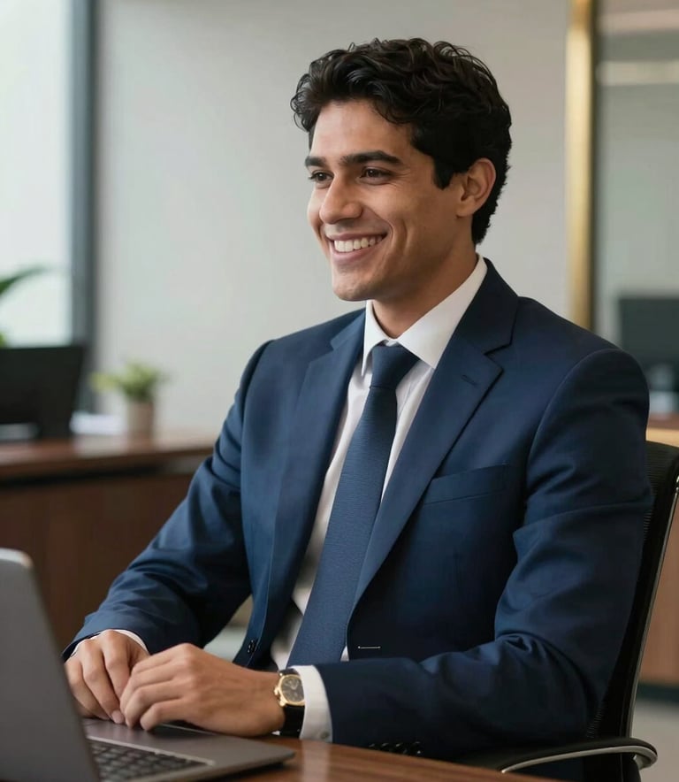 A professional South American lawyer in a navy blue suit sitting in a modern office, smiling warmly to convey empathy and trust, with gold accents in the decor and soft natural lighting.
