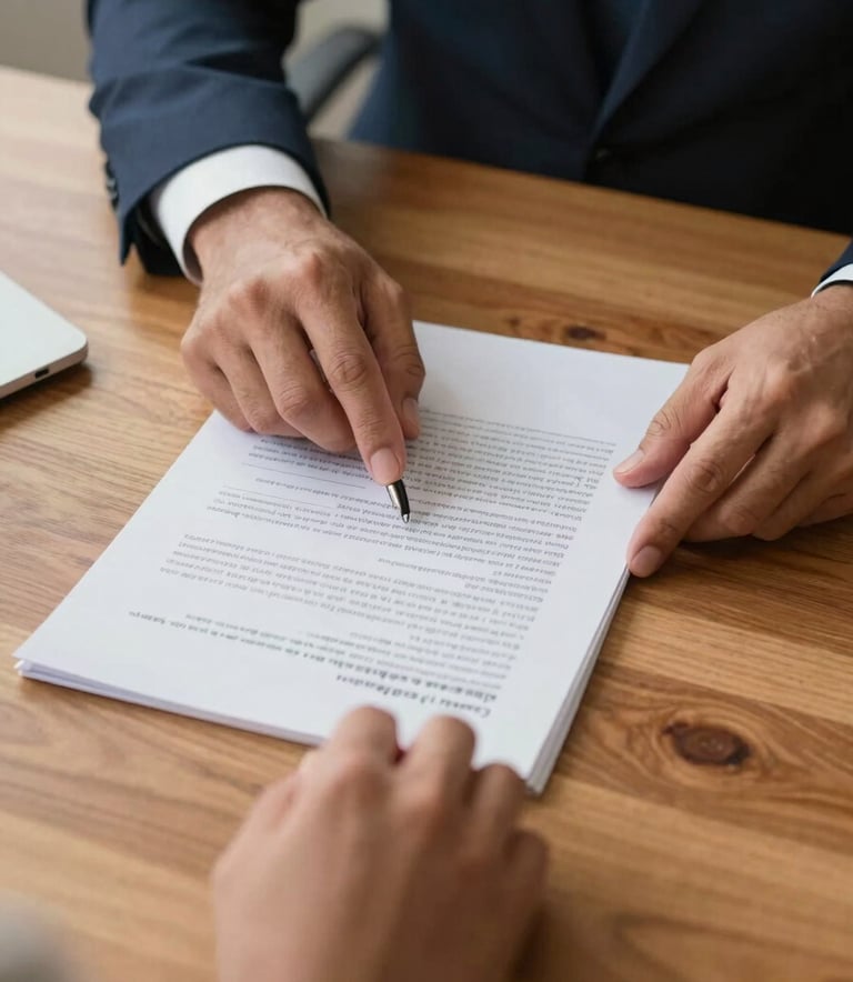 Close-up of a South American / Brazilian lawyer's hands assisting a client with paperwork. Warm, natural lighting on a clean wooden desk, focusing on the act of helpful guidance and professional care.