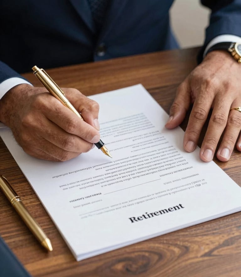 Close-up of South American hands signing legal retirement documents on a wooden desk, a gold fountain pen nearby, focused and professional atmosphere with navy blue tones.