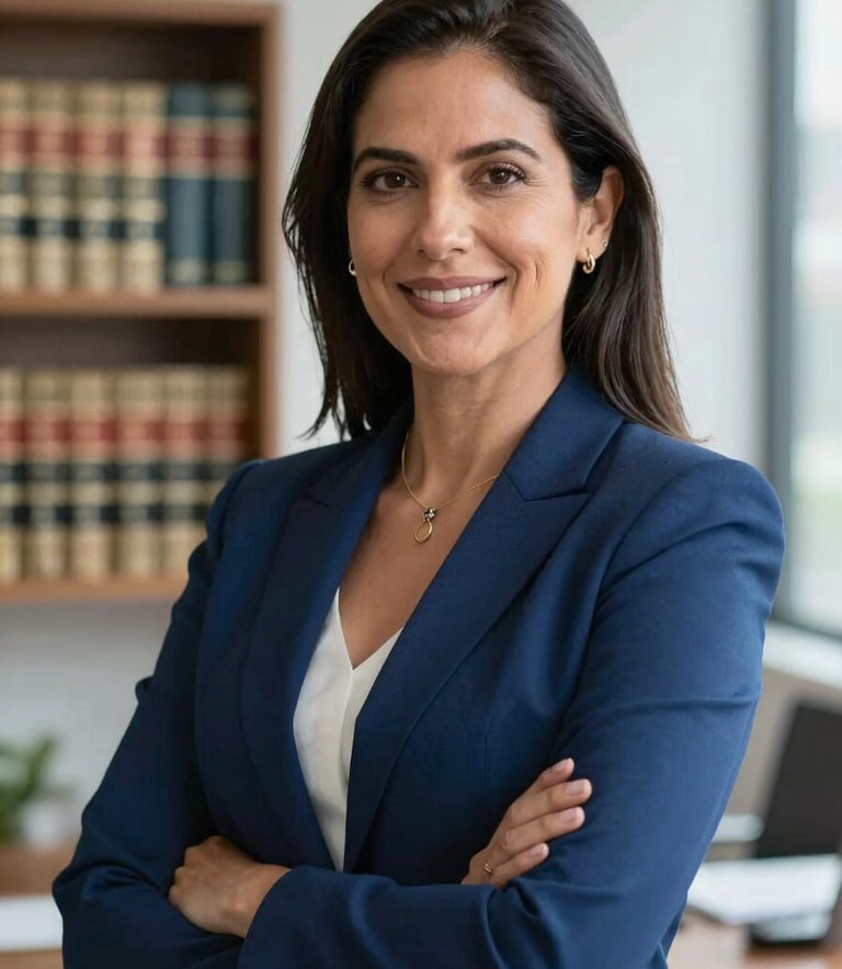 A professional portrait of a South American / Brazilian specialist lawyer in a modern office. She is wearing a navy blue blazer, smiling with confidence and empathy. In the background, a blurred wooden shelf with law books. Natural soft lighting, professional photography.