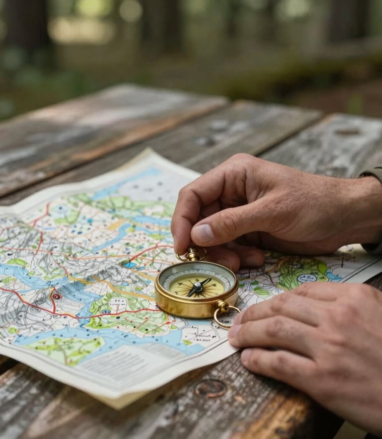 Detailed close-up of an explorer's hands using a vintage compass and a paper map spread out on a weathered wooden table, soft natural sunlight filtering through trees, North American outdoor context, professional and minimalist.