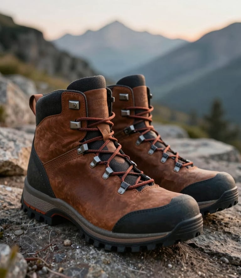 A close-up photograph of high-quality leather hiking boots on a rugged mountain trail in a North American / US national park, soft natural morning light.
