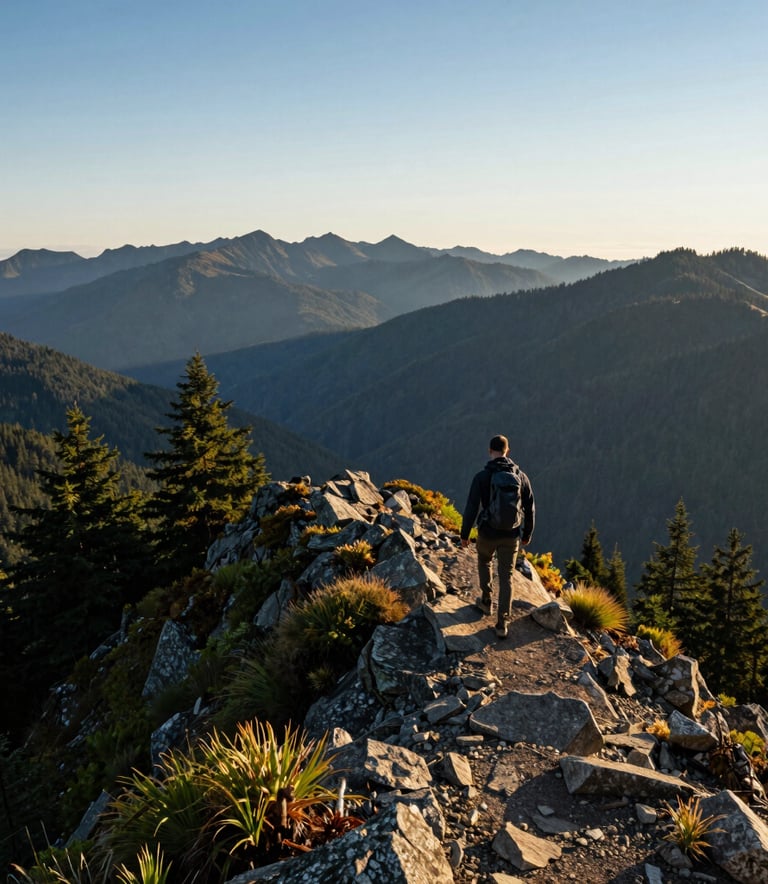 Wide shot of a lone man hiking along a ridgeline in the Pacific Northwest at dawn, mountains fading into the distance, cinematic lighting, forest green and sky blue palette, North American landscape.