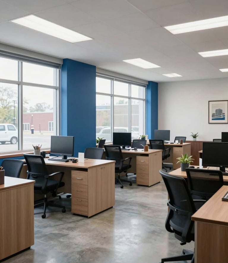 A wide-angle, bright photography shot of a perfectly organized, clutter-free commercial office space in Bucks County, Pennsylvania. The room features large windows with soft natural light, polished floors, and subtle Royal Blue accents in the decor. Professional, sophisticated, and pristine atmosphere.