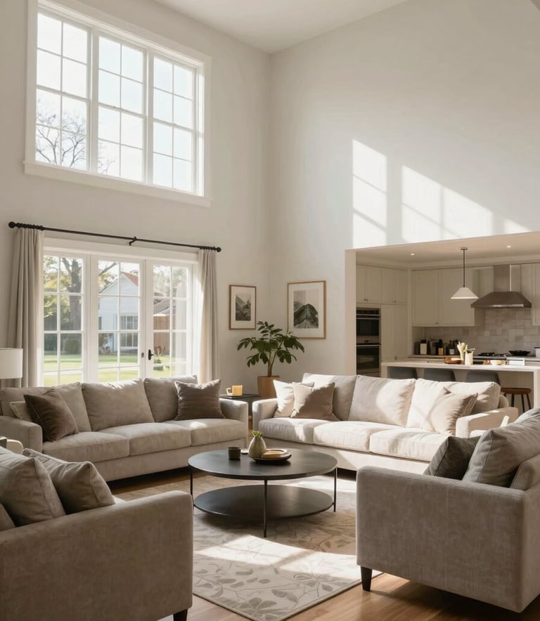 A stunning, sun-drenched photography of a clutter-free North American living room in Bucks County, Pennsylvania. The space is immaculately clean, featuring high ceilings and modern furniture. The mood is welcoming and reflects meticulous craftsmanship in home care.