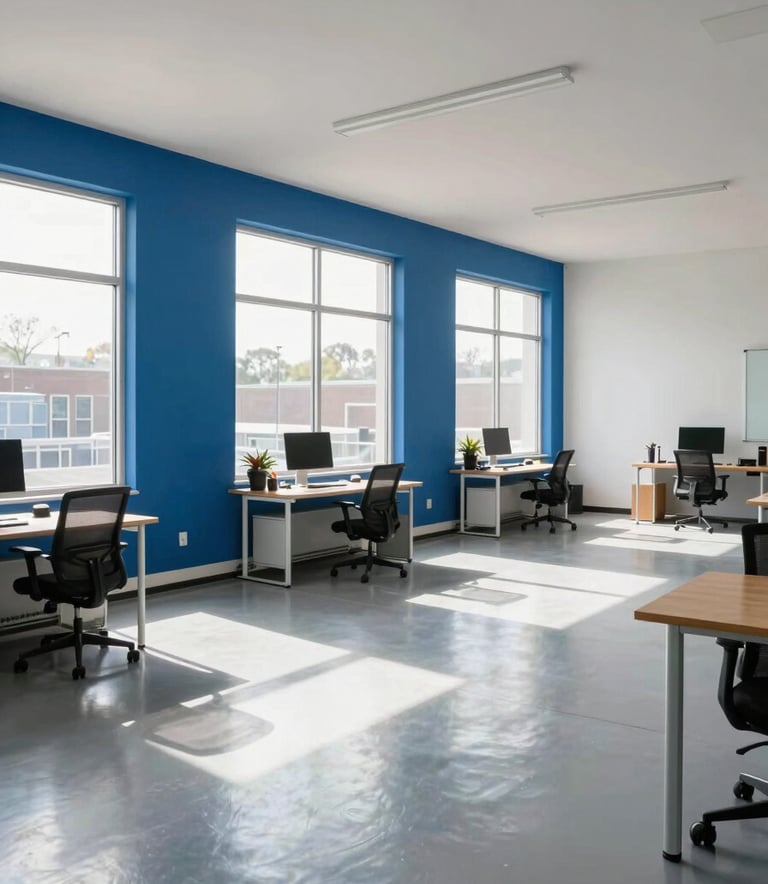 A wide photography shot of a professional, clutter-free modern office space in Bucks County, Pennsylvania. The room is immaculate with large windows, Royal Blue accents in the decor, and bright, natural morning light hitting the polished gray floors.