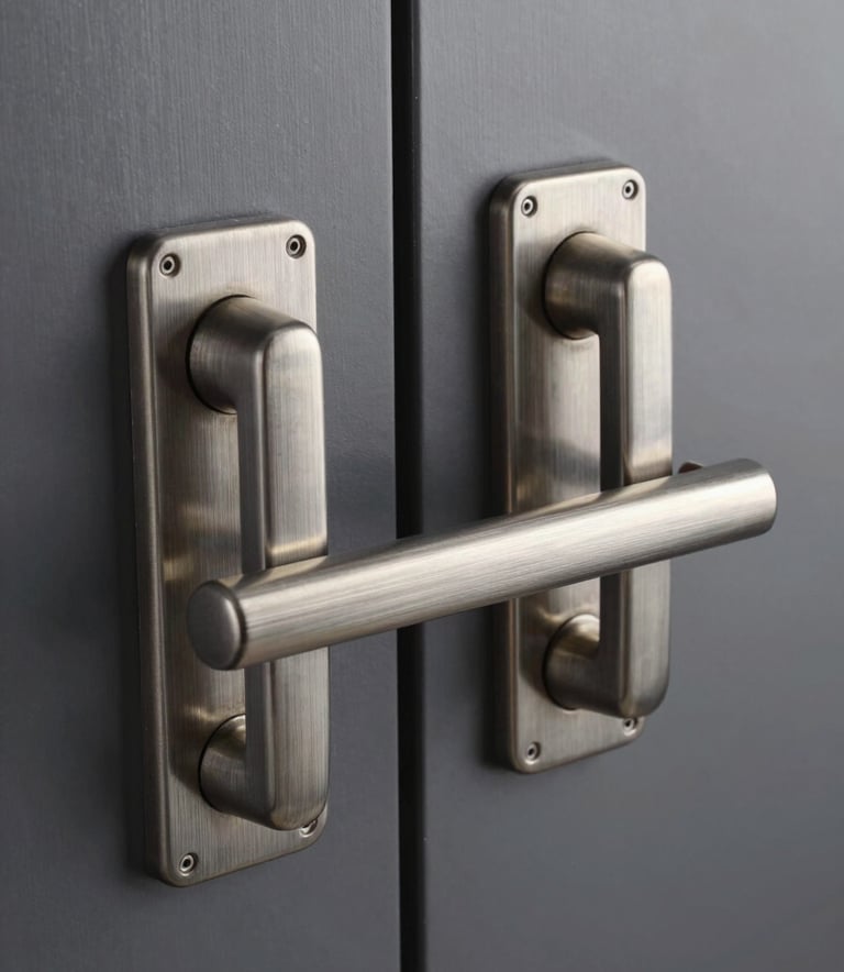 Close-up of premium architectural hardware and brushed metal door handles on a dark steel gray background, professional product photography with sharp focus and clean lighting.