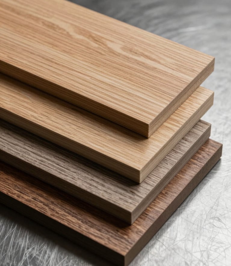 Close-up of high-quality decorative wood laminates with diverse textures and grains, professional lighting, steel gray background, modern and premium feel.