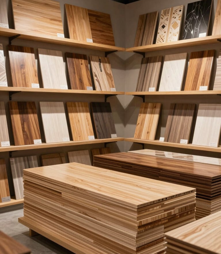 Professional wide shot of a modern, organized plywood and laminate showroom in Bhopal. Stacks of high-quality wood and displays of decorative laminates are visible under warm, premium lighting. South Asian / Indian setting.