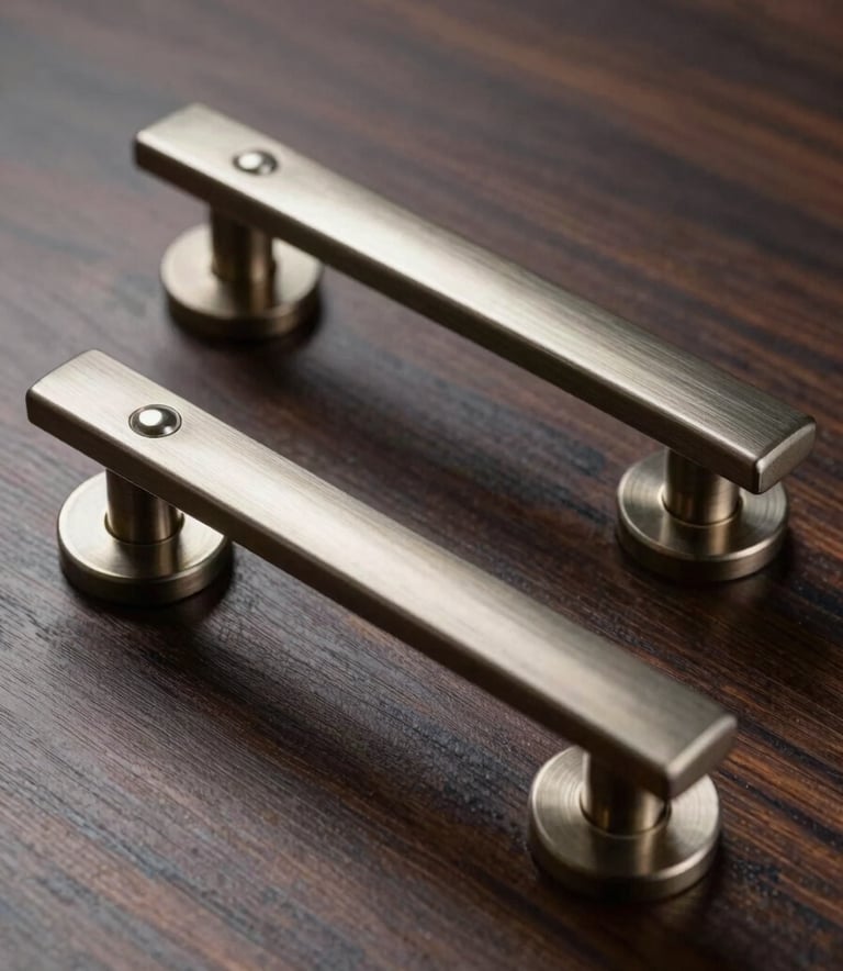 A close-up photograph of premium metallic architectural hardware and sleek door handles on a dark wood surface. Professional studio lighting highlights the textures and precision engineering. Modern South Asian / Indian design context.