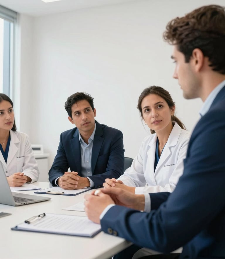 A South American / Brazilian pharmaceutical team in a professional and calm discussion within a bright, minimalist office space. The scene uses white and dark blue corporate tones to convey trust and professionalism.