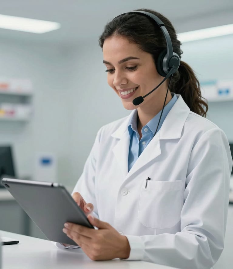 A professional South American / Brazilian female pharmacist wearing a white lab coat and a discrete headset, smiling warmly while interacting with a tablet. The background is a clean, modern pharmaceutical office with soft white and light blue lighting.