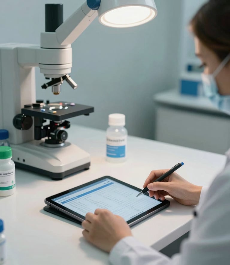 A professional pharmaceutical workstation in Brazil with a clean white desk, a tablet showing healthcare data, and professional lighting, suggesting high standards of care.