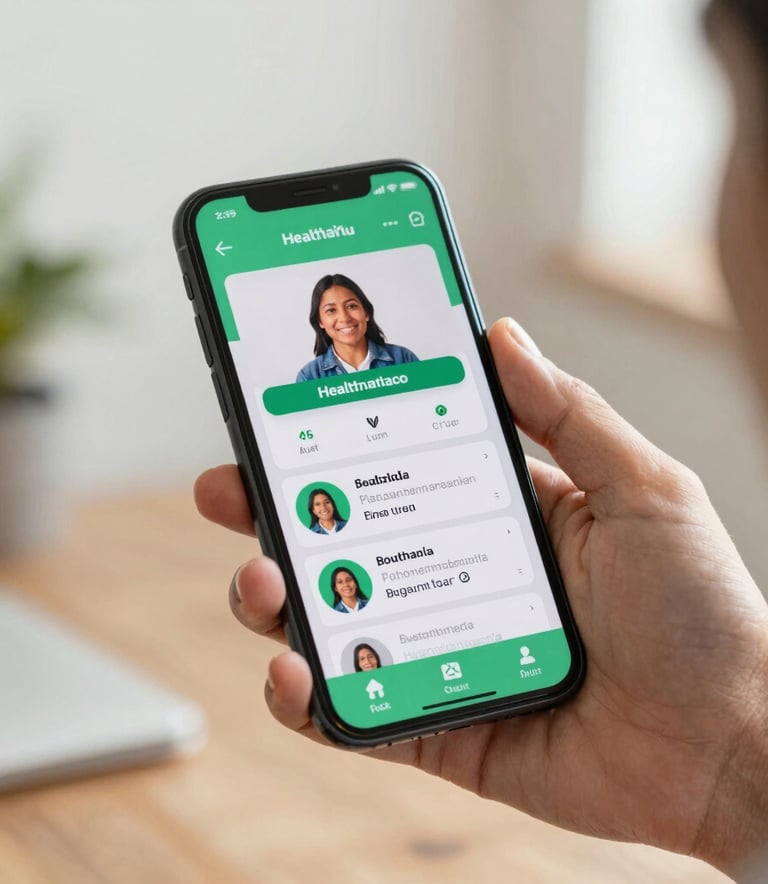 Close-up of a hand in a South American setting holding a smartphone which displays a health consultation app interface, bright and clean indoor lighting.