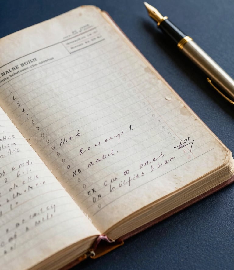 A close-up photograph of weathered, vintage ledger books with handwritten entries, resting on a dark navy blue surface next to a gold-trimmed fountain pen, evoking a sense of heritage and meticulous record-keeping.