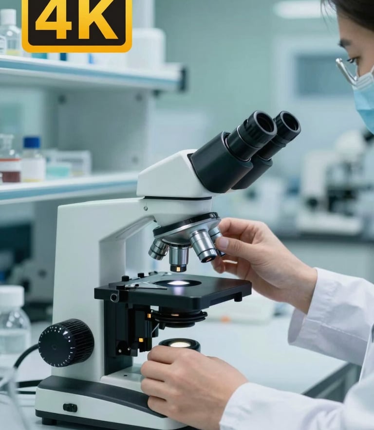 A clean, clinical photograph of a high-tech laboratory environment with teal green accents, focusing on a researcher's hands adjusting a microscope, symbolizing scientific discovery and authority.