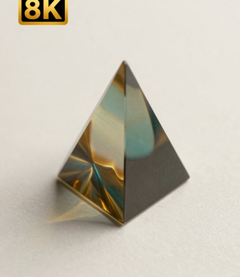 Macro photography of a scientific glass prism refracting light, casting subtle rich burnished gold and dark forest teal glows onto a soft ivory white surface, clean and clinical aesthetic.