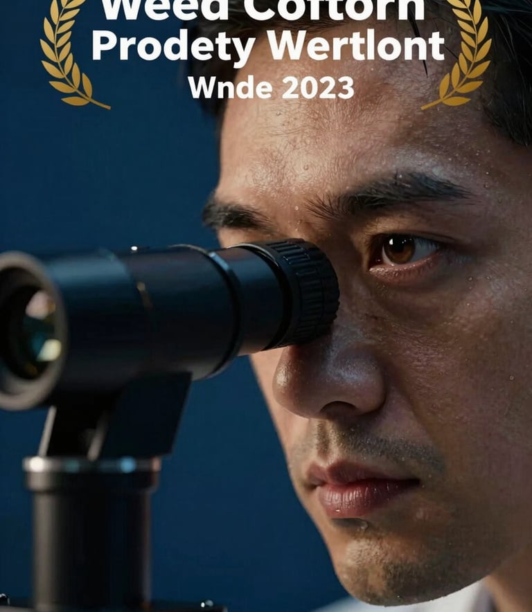 A focused, professional photograph of a researcher's eye looking through a high-precision optical instrument, deep navy blue environment with a hint of rich burnished gold light.