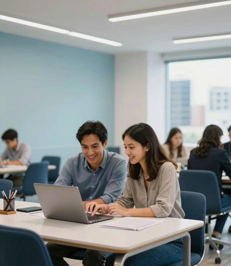 A wide photography shot of a bright, modern co-working space in a South American city. A mentor and a young professional are reviewing a career plan on a laptop, both appearing optimistic. The lighting is soft and professional. Accents of light blue and dark blue are visible in the decor.