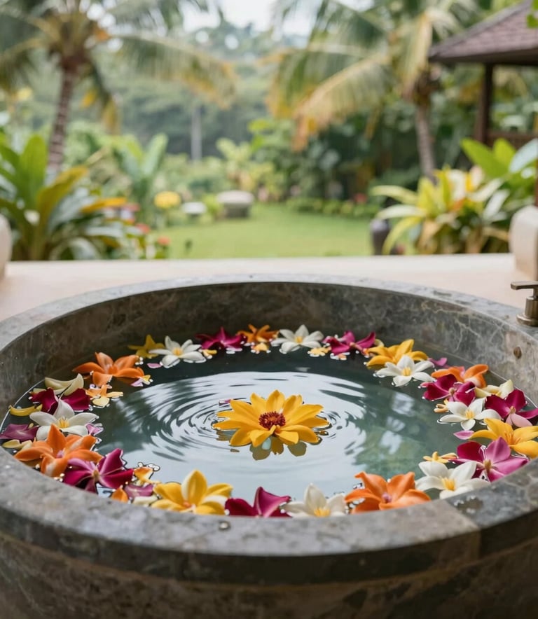 A luxury stone bathtub filled with clear warm water and floating colorful flower petals, in a serene spa overlooking a tropical green garden. Soft, natural morning light, peaceful and elegant atmosphere in a high-end Southeast Asian / Indonesian resort.