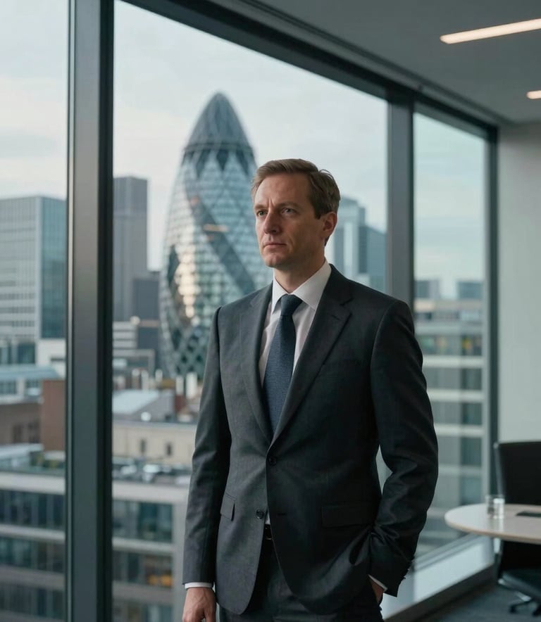 A professional investigator in a sharp business suit standing in a modern British / UK high-rise office. Through the glass, the London skyline is visible during a clear day. The interior features Dark Charcoal and Pale Mist accents, conveying trust and corporate power.