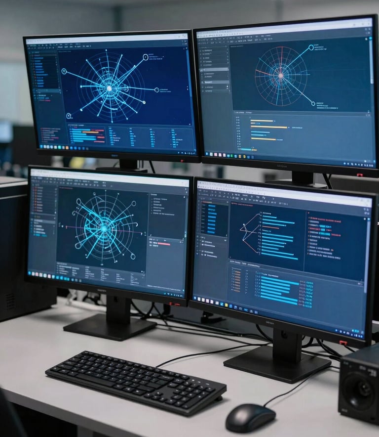 A sophisticated digital forensics workstation in a British / UK secure facility. Large monitors display intricate network maps in Deep Steel Blue and Muted Denim Blue. The lighting is focused and professional, highlighting a workspace that exudes modern efficiency and investigative authority.