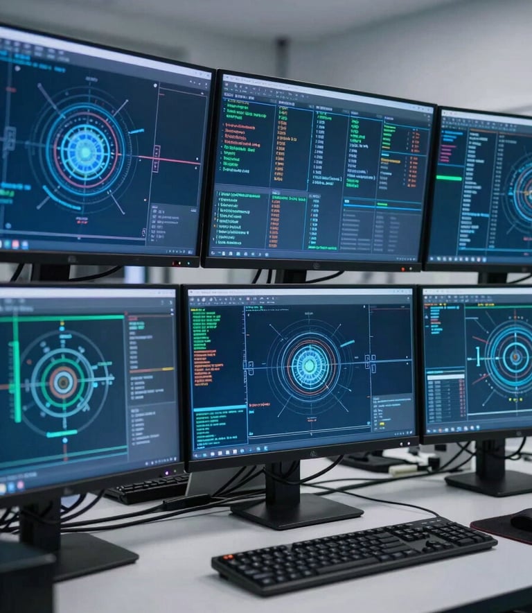 A high-tech digital forensics lab in a British / UK city, with multiple monitors displaying complex blockchain data maps in deep slate and steel blue tones, professional cinematic lighting.