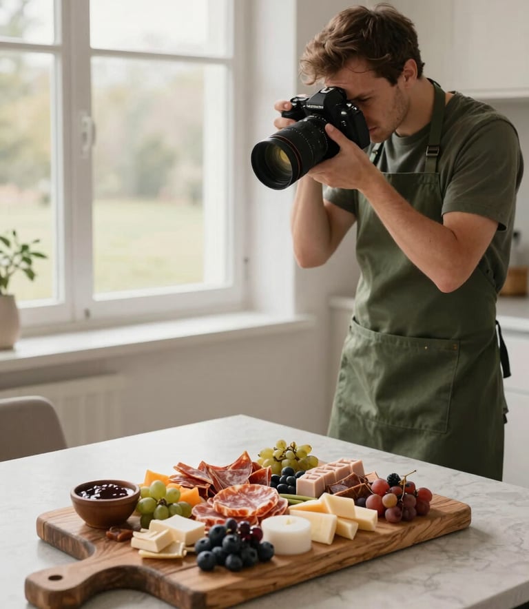 A professional photographer in a Matte Forest Green apron capturing a high-angle shot of a rustic charcuterie board. Soft natural morning light coming from a large window. Scandinavian minimalist kitchen setting with Crisp Parchment walls.