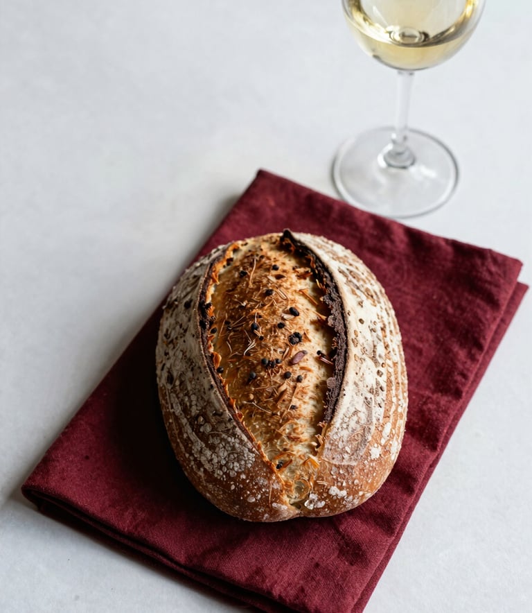 An overhead shot of a beautifully set table in a European / French bistro. A rustic sourdough loaf sits next to a deep red cloth napkin and a glass of wine. The aesthetic is clean and Scandinavian, emphasizing texture and natural ingredients.