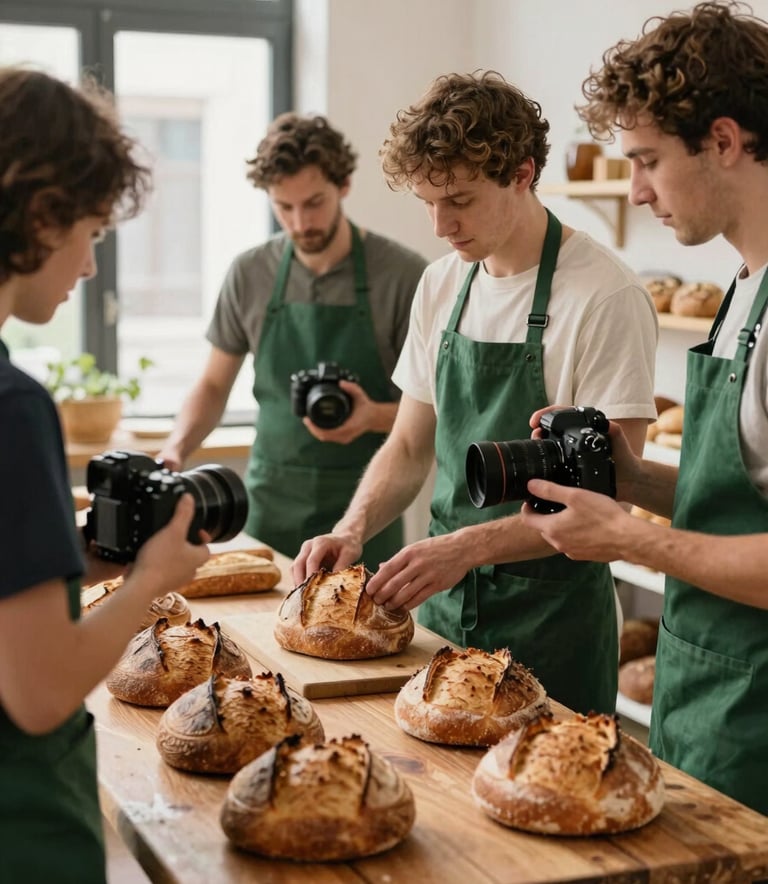Authentic scene of a content creation session in a European / French bakery, a team capturing fresh sourdough bread, natural light, forest green aprons, professional camera gear visible.