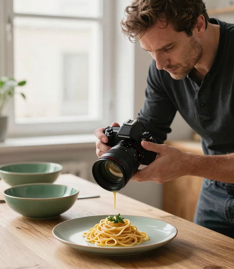 A professional European / French photographer in a bright, modern studio, meticulously setting up a food shoot. The scene shows a plate of artisanal pasta on a light wood table, with matte forest green ceramic bowls in the background. Soft, natural light from a large window.