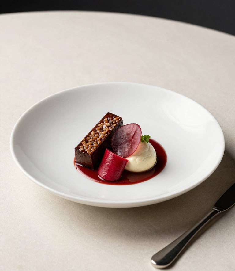 High-end Scandinavian style food photography of a gourmet artisanal dish in a European / French restaurant, minimalist off-white tabletop, professional lighting, deep red accents from fresh ingredients.